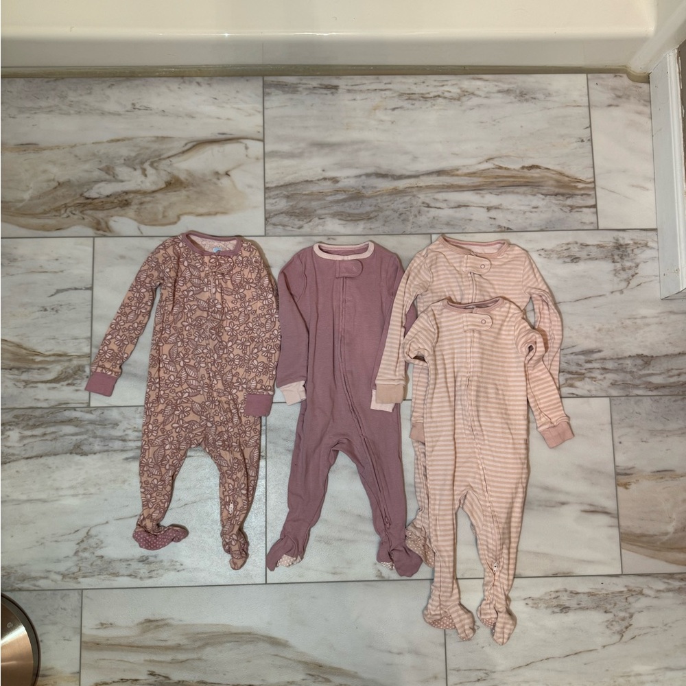 Lot of 4 Cloud Island Baby Girl Footed Pajamas – Size 12M, 100% Cotton